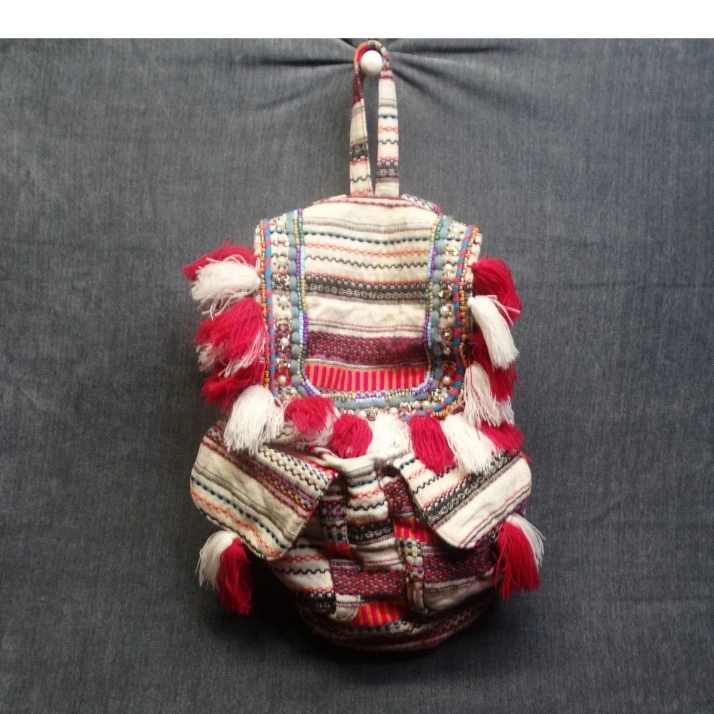 America & Beyond Boho Woven Backpack Womens Small Tassel Multicolor Festival Bag